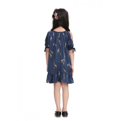 Generic Girl's Satin Animal Print Sleeveless Dress (Blue)