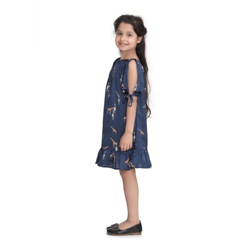 Generic Girl's Satin Animal Print Sleeveless Dress (Blue)
