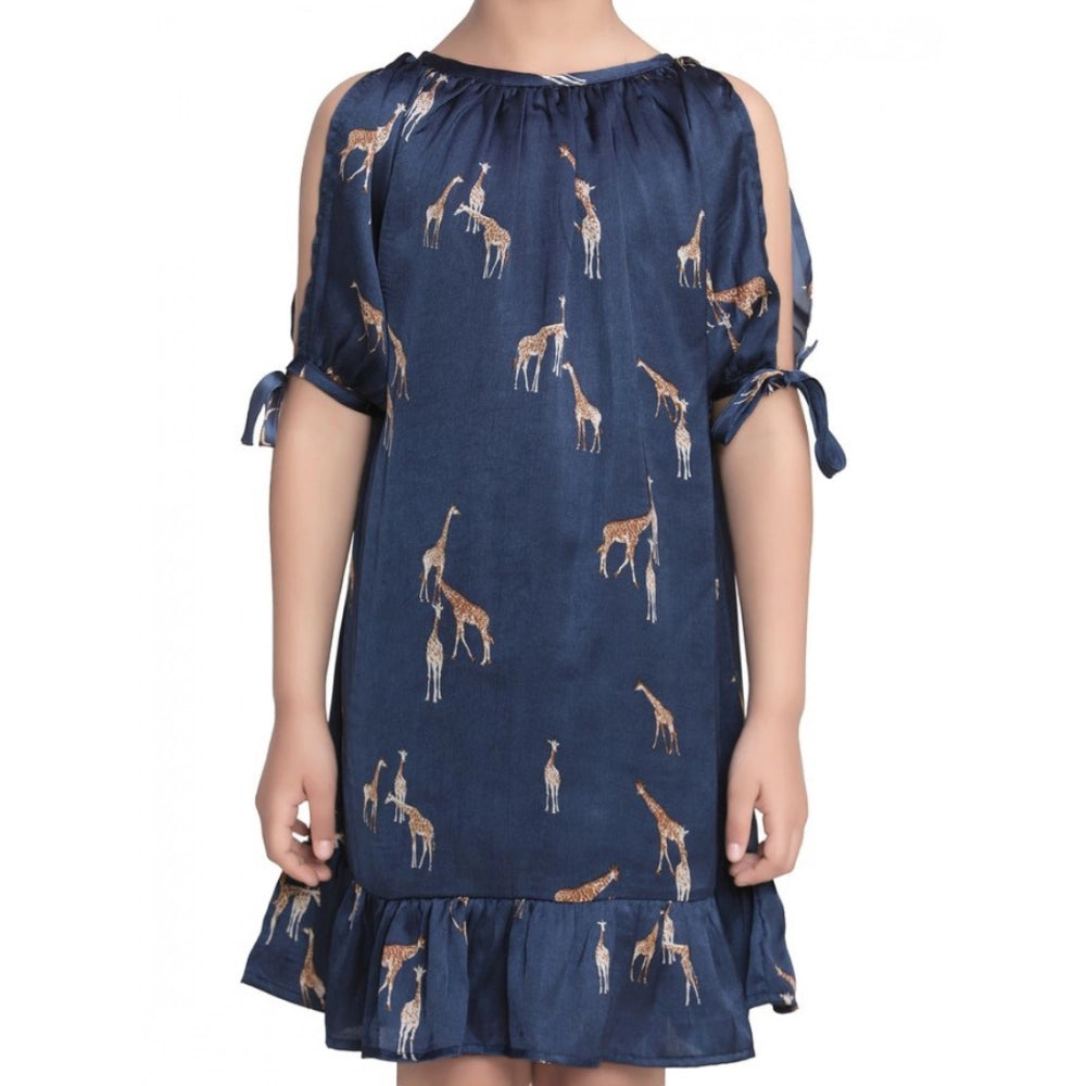Generic Girl's Satin Animal Print Sleeveless Dress (Blue)
