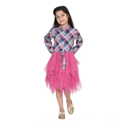 Generic Girl's Polyster Crepe Lace Inserts Long Sleeves Dress (Pink-Blue)