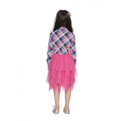 Generic Girl's Polyster Crepe Lace Inserts Long Sleeves Dress (Pink-Blue)