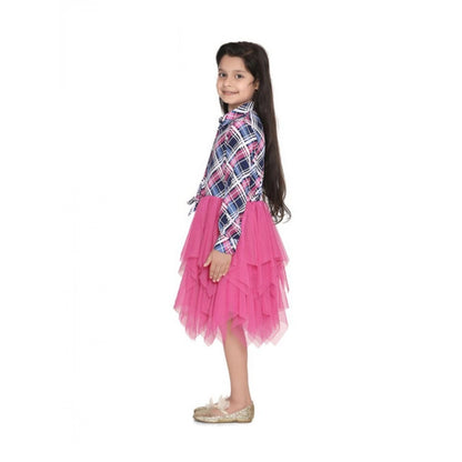 Generic Girl's Polyster Crepe Lace Inserts Long Sleeves Dress (Pink-Blue)