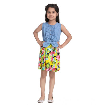 Generic Girl's Denim Floral Sleeveless Dress (Blue-Yellow)