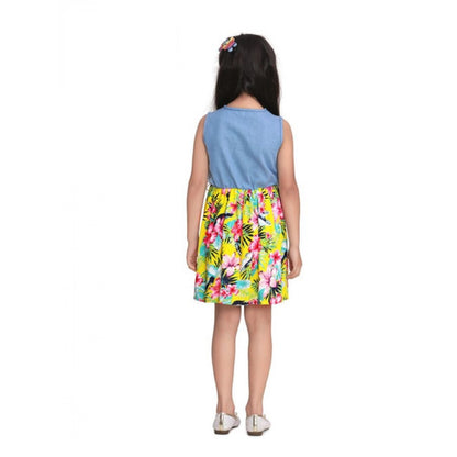 Generic Girl's Denim Floral Sleeveless Dress (Blue-Yellow)