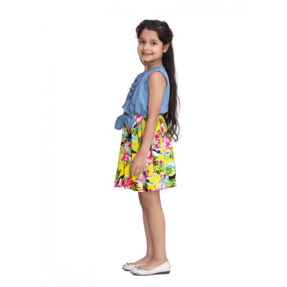 Generic Girl's Denim Floral Sleeveless Dress (Blue-Yellow)