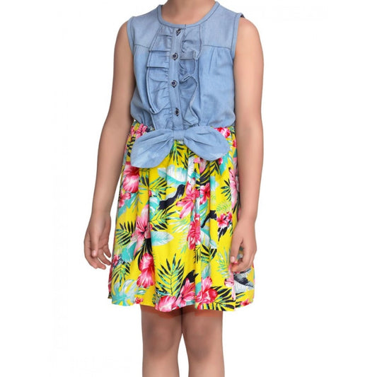 Generic Girl's Denim Floral Sleeveless Dress (Blue-Yellow)