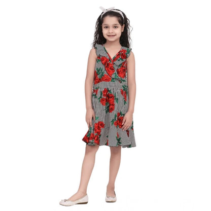 Generic Girl's Polyester Crepe Floral Shoulder Straps Dress (Red)