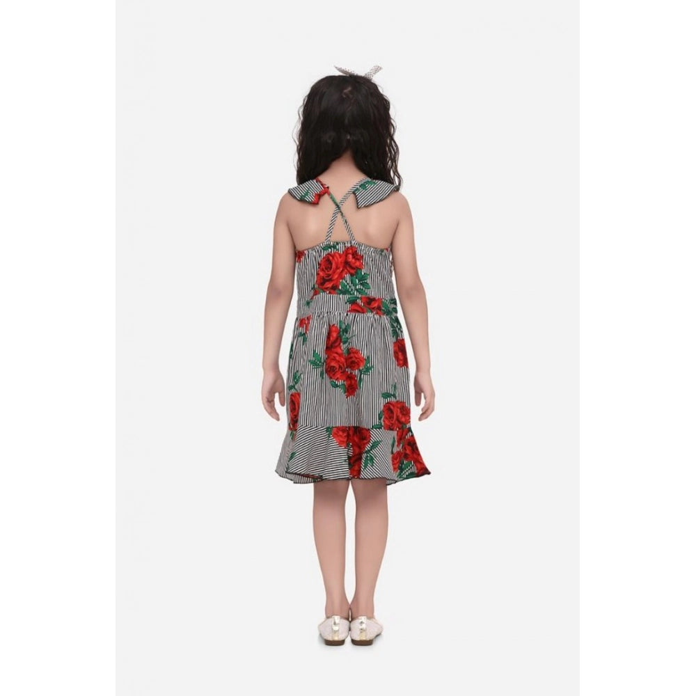 Generic Girl's Polyester Crepe Floral Shoulder Straps Dress (Red)
