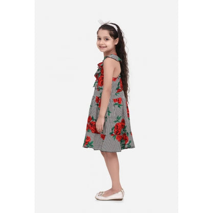 Generic Girl's Polyester Crepe Floral Shoulder Straps Dress (Red)