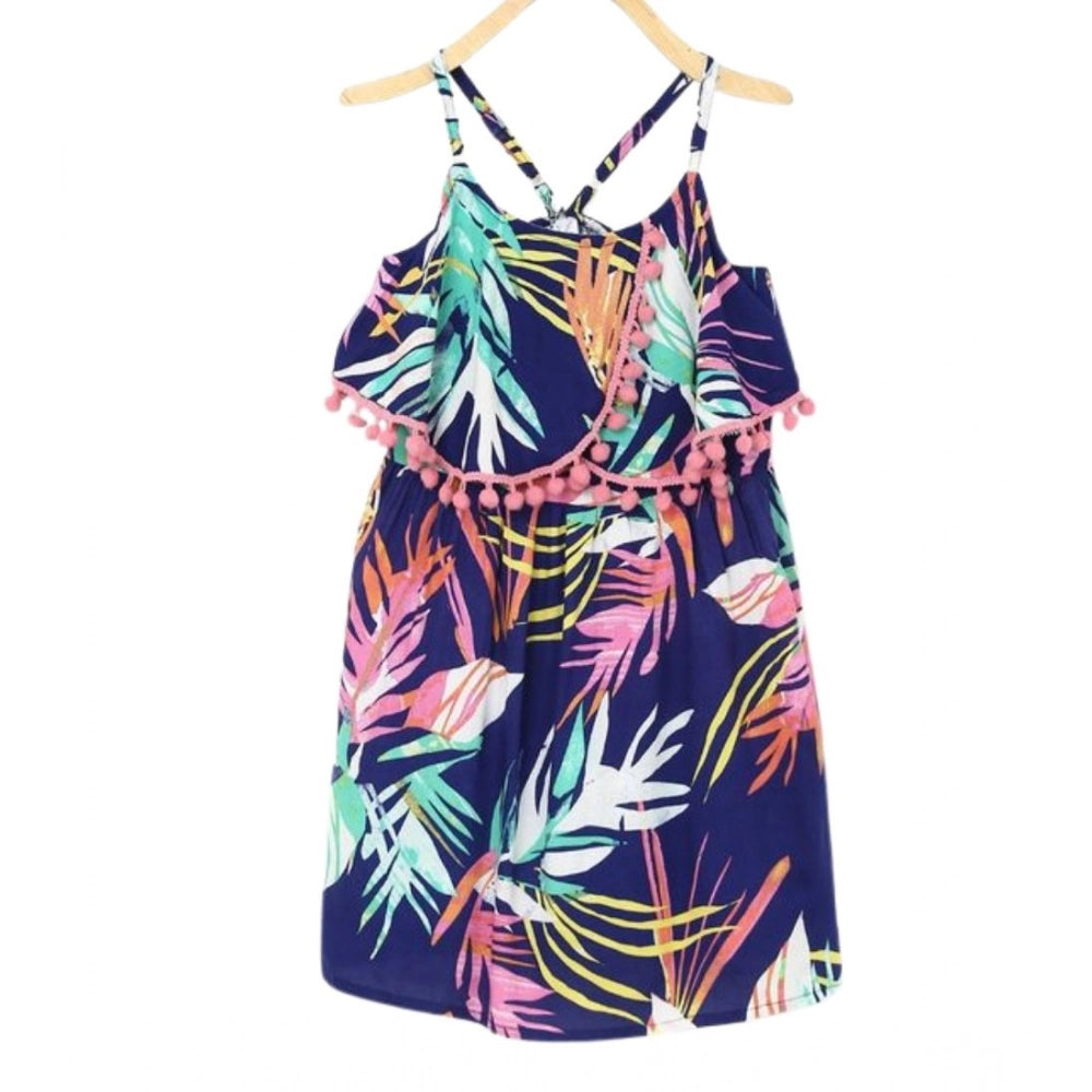 Generic Girl's Rayon Printed Shoulder Straps Dress (Navy Blue)