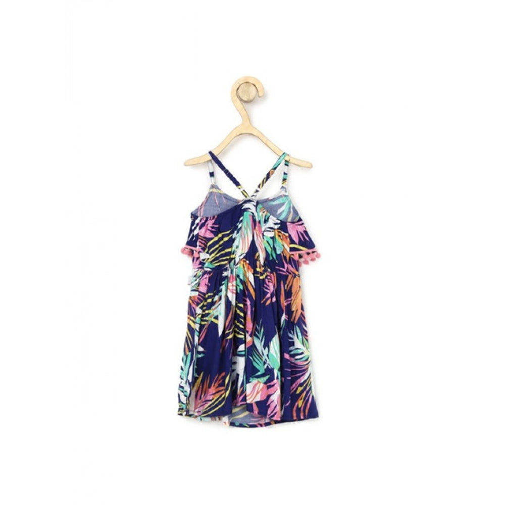 Generic Girl's Rayon Printed Shoulder Straps Dress (Navy Blue)