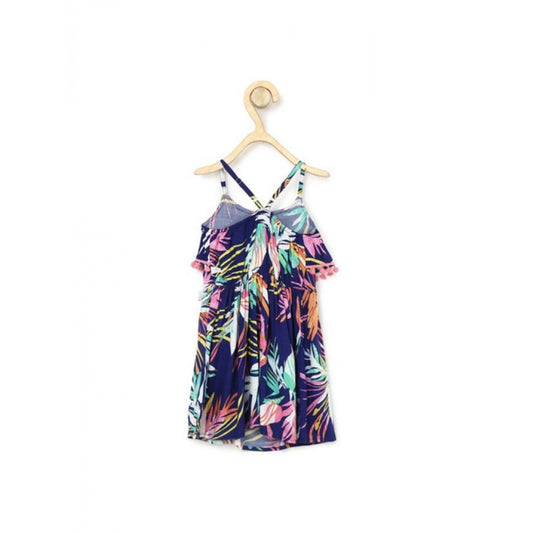 Generic Girl's Rayon Printed Shoulder Straps Dress (Navy Blue)