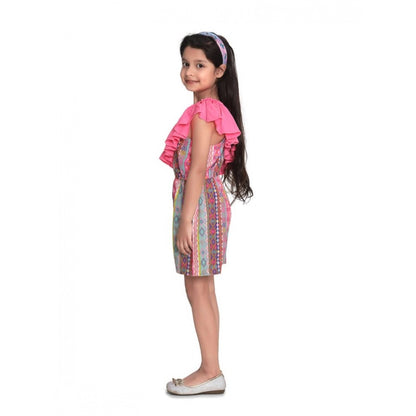 Generic Girl's Cotton &amp; Polyester Printed 3/4th Sleeves Dress (Pink)