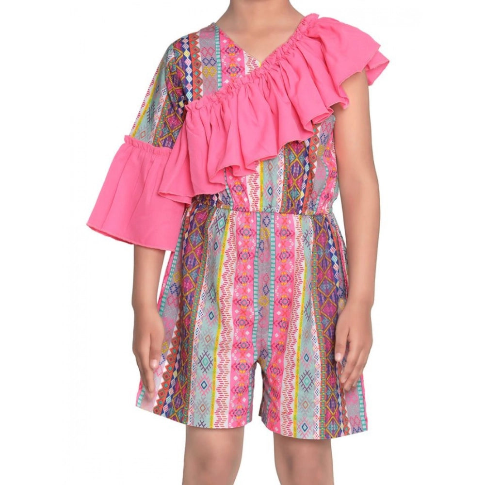 Generic Girl's Cotton &amp; Polyester Printed 3/4th Sleeves Dress (Pink)