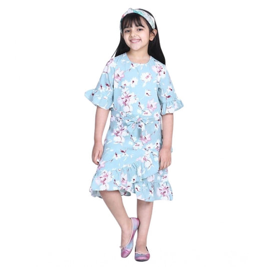 Generic Girl's Polyester Crepe Floral Bell Sleeve Dress (Turquoise Blue)
