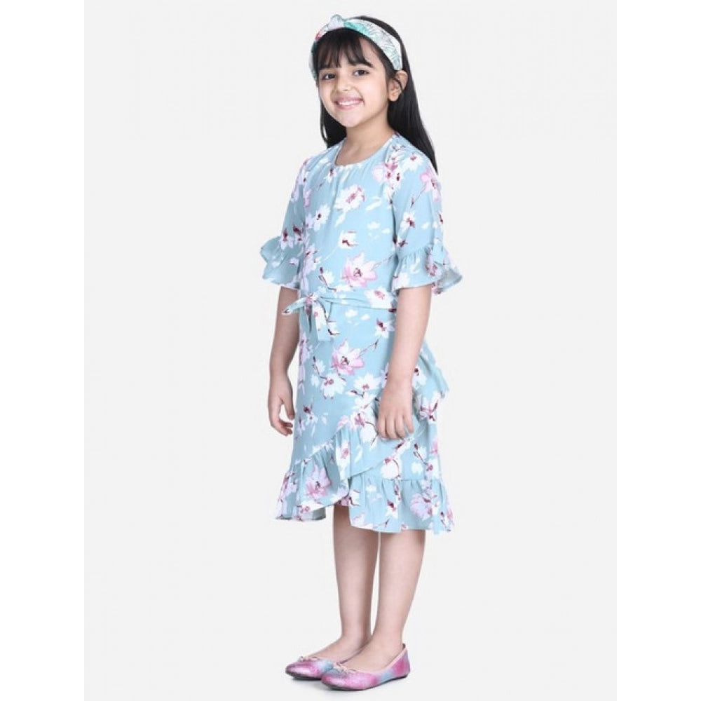 Generic Girl's Polyester Crepe Floral Bell Sleeve Dress (Turquoise Blue)