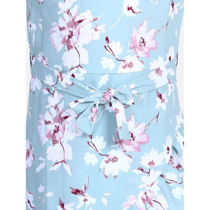Generic Girl's Polyester Crepe Floral Bell Sleeve Dress (Turquoise Blue)