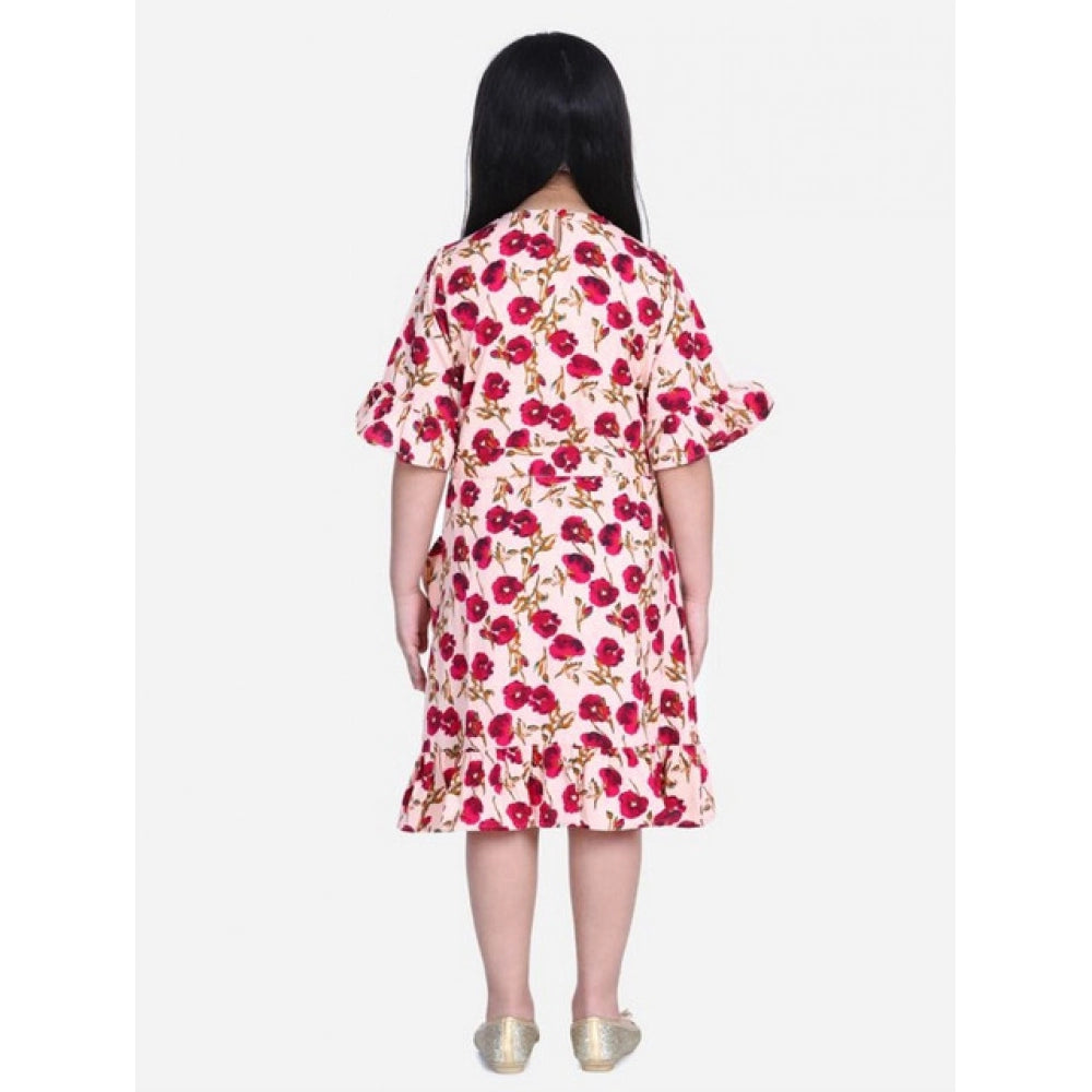 Generic Girl's Polyester Crepe Floral Bell Sleeve Dress (Red-Pink)