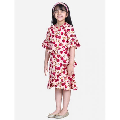 Generic Girl's Polyester Crepe Floral Bell Sleeve Dress (Red-Pink)