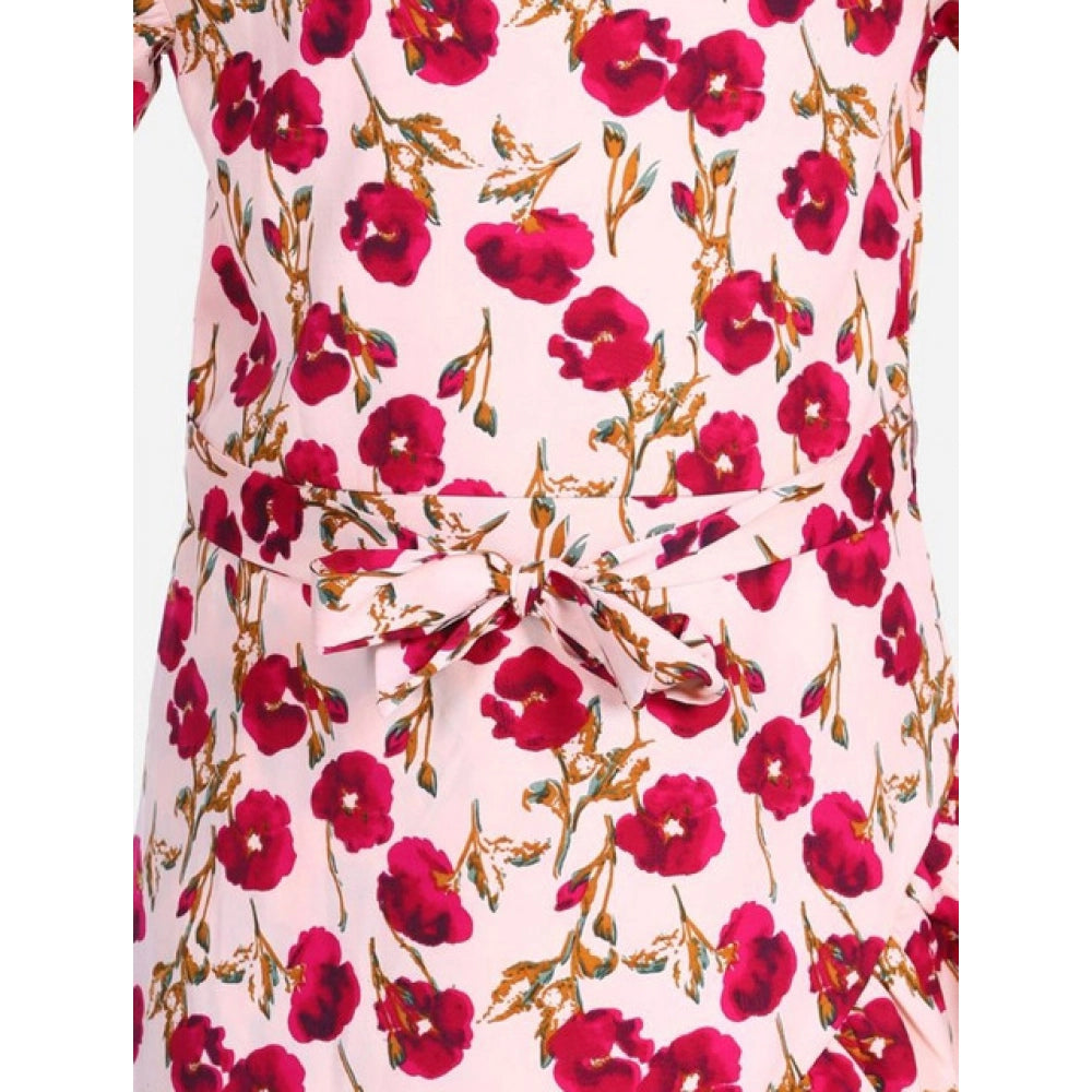 Generic Girl's Polyester Crepe Floral Bell Sleeve Dress (Red-Pink)