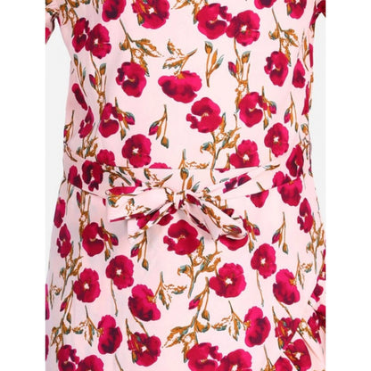 Generic Girl's Polyester Crepe Floral Bell Sleeve Dress (Red-Pink)
