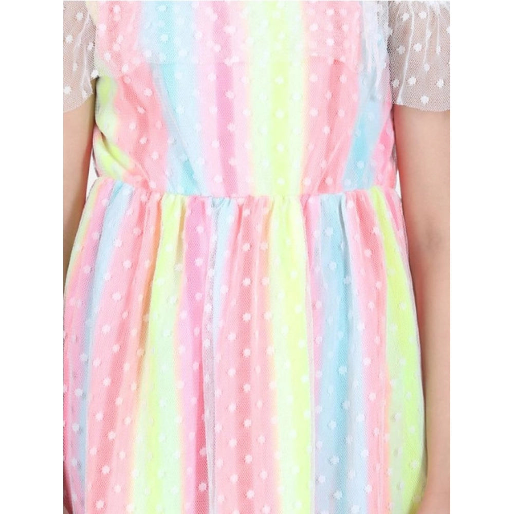 Generic Girl's Polyester Self Design Cold Shoulder Dress (Multicolor)