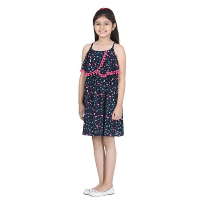 Generic Girl's Rayon Flamingo Print Sleeveless Dress (Black)