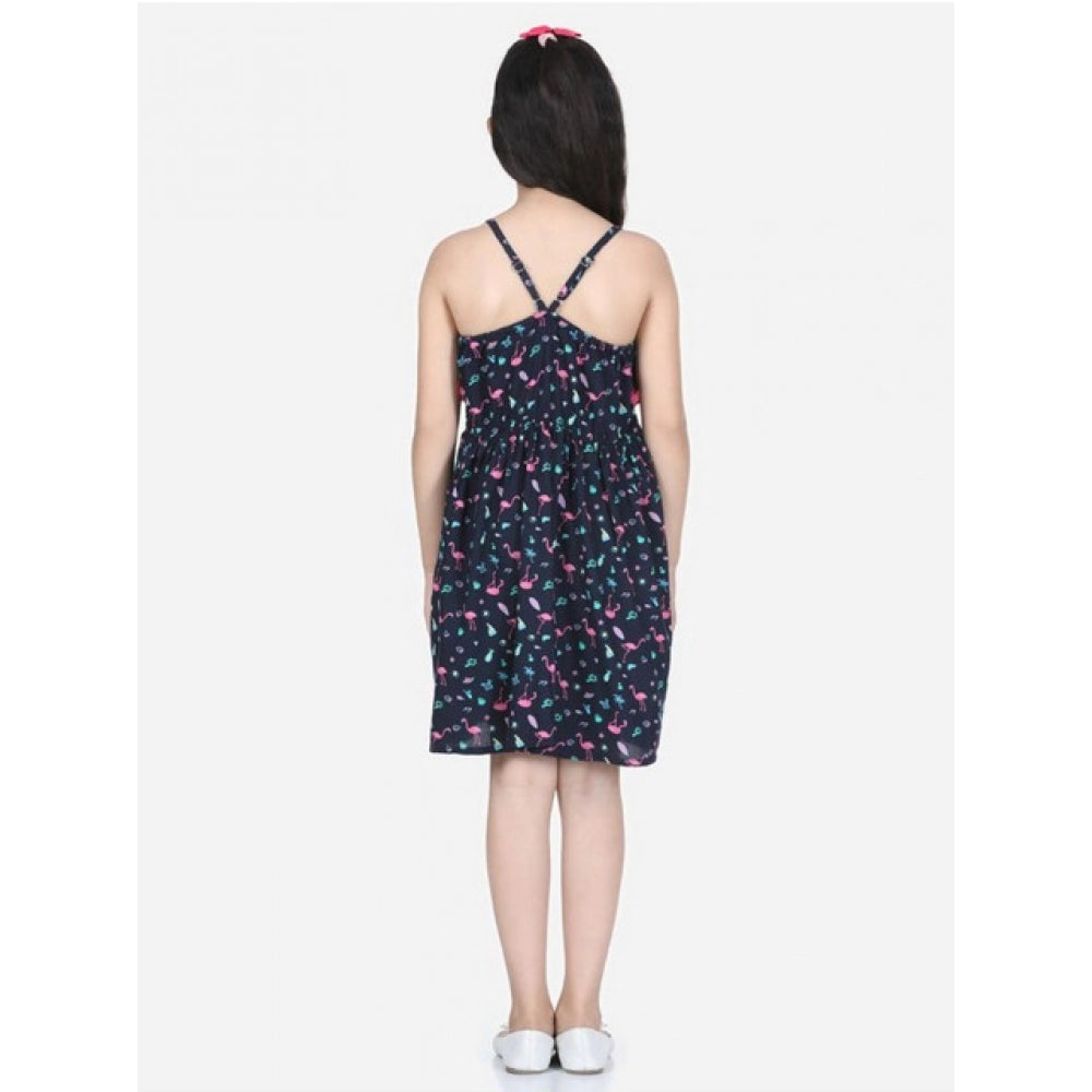 Generic Girl's Rayon Flamingo Print Sleeveless Dress (Black)