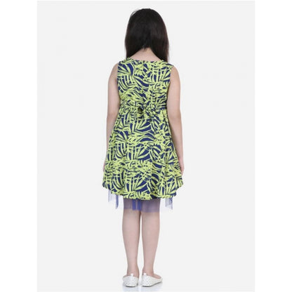 Generic Girl's Polyester Crepe &amp; Net Printed Sleeveless Dress (Yellow-Blue)
