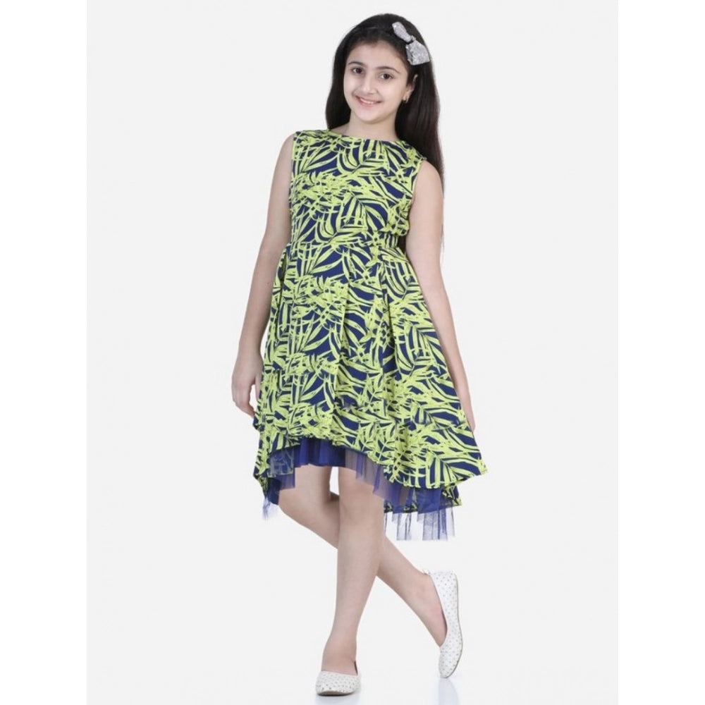 Generic Girl's Polyester Crepe &amp; Net Printed Sleeveless Dress (Yellow-Blue)