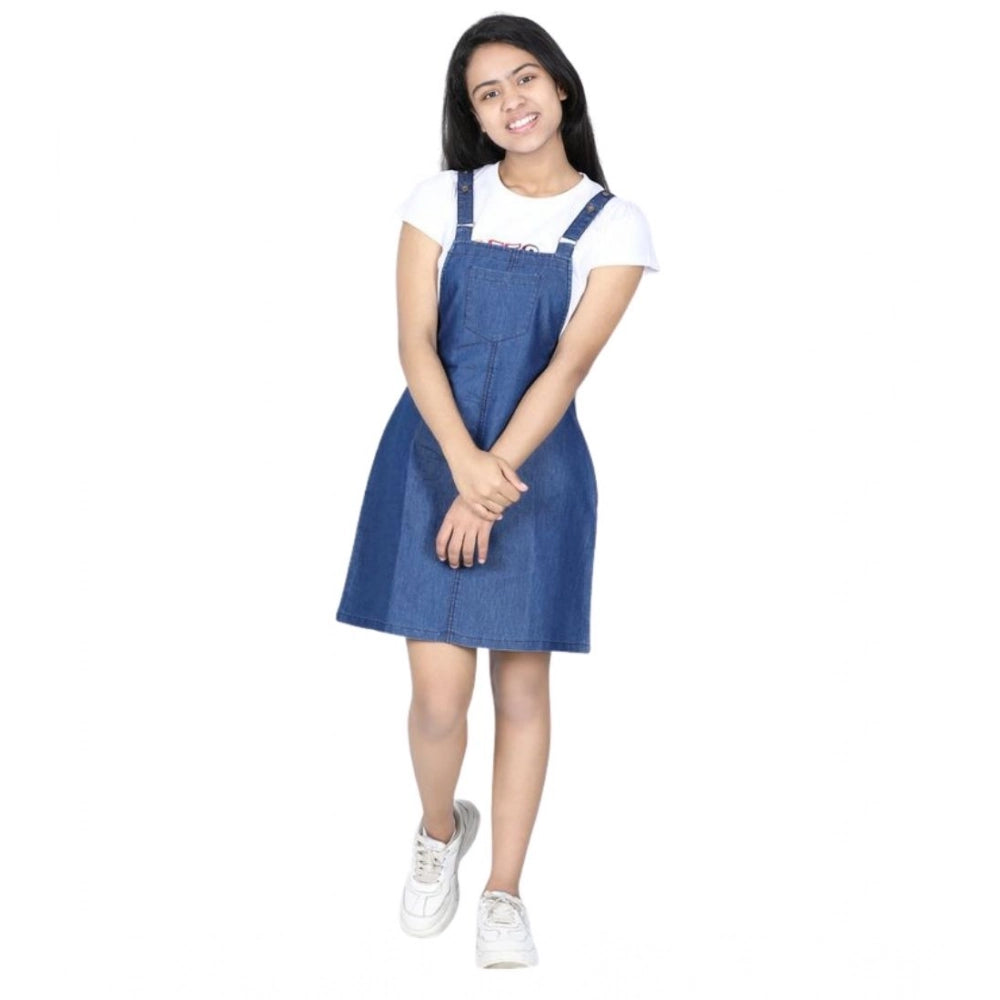 Generic Girl's Denim Solid Sleeveless Dress (Blue)