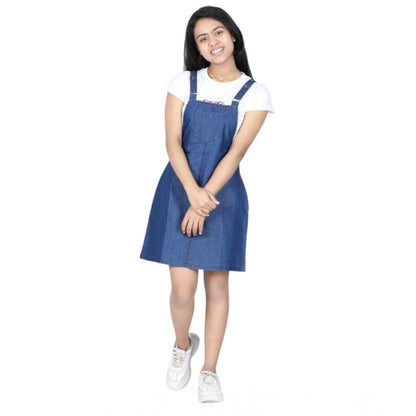 Generic Girl's Denim Solid Sleeveless Dress (Blue)
