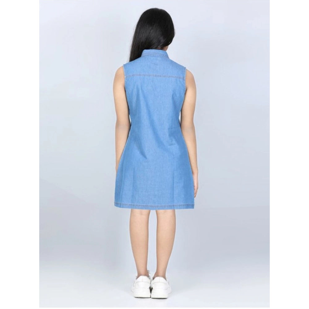Generic Girl's Denim Solid Cold Shoulder Dress (Blue)