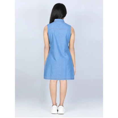 Generic Girl's Denim Solid Cold Shoulder Dress (Blue)