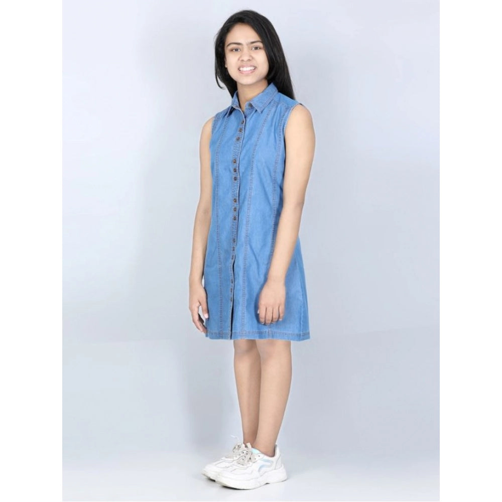 Generic Girl's Denim Solid Cold Shoulder Dress (Blue)