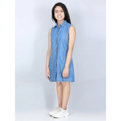 Generic Girl's Denim Solid Cold Shoulder Dress (Blue)