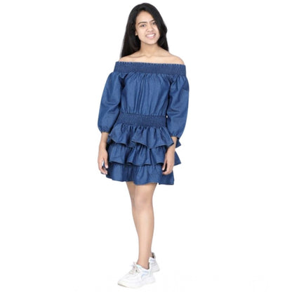 Generic Girl's Denim Solid Off Shoulder Dress (Blue)