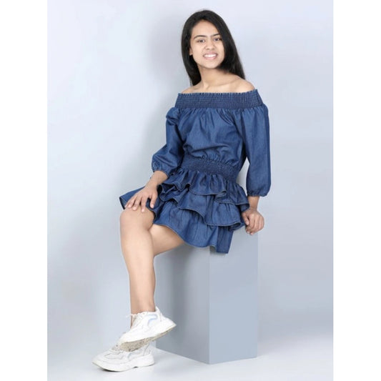 Generic Girl's Denim Solid Off Shoulder Dress (Blue)