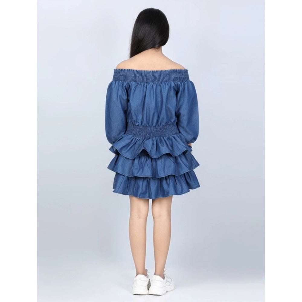 Generic Girl's Denim Solid Off Shoulder Dress (Blue)