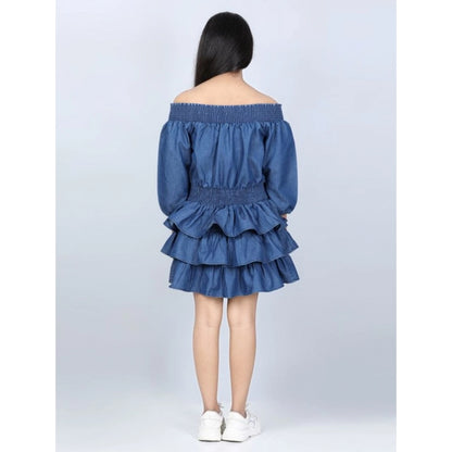 Generic Girl's Denim Solid Off Shoulder Dress (Blue)