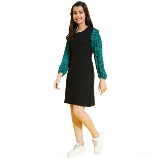 Generic Girl's Polyester Printed Long Sleeves Dress (Black-Green)