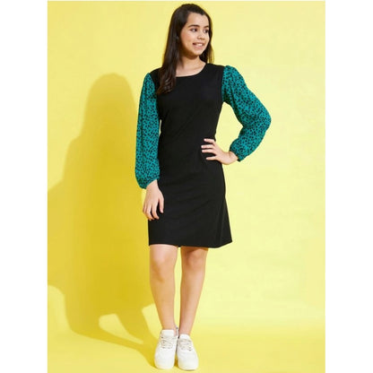 Generic Girl's Polyester Printed Long Sleeves Dress (Black-Green)