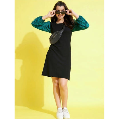 Generic Girl's Polyester Printed Long Sleeves Dress (Black-Green)