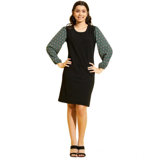 Generic Girl's Polyester Lycra Printed Sleeveless Dress (Green-Black)