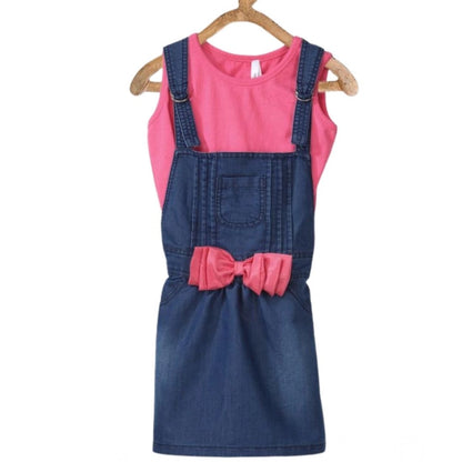 Generic Girl's Denim &amp; Cotton Bow Sleeveless Dungaree (Pink)