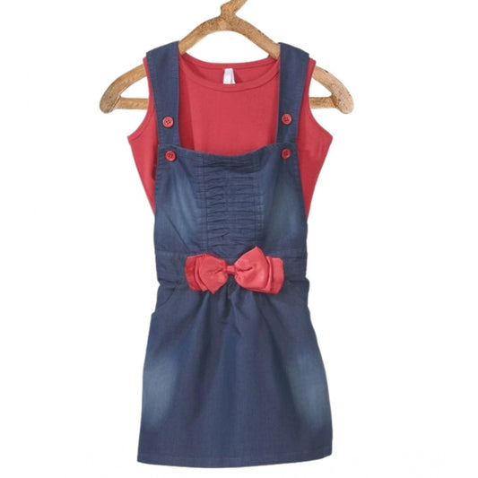 Generic Girl's Denim &amp; Cotton Bow Sleeveless Dungaree (Red)