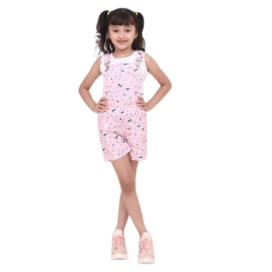 Generic Girl's Inner- Cotton Printed Sleeveless Dungaree (Light Pink)