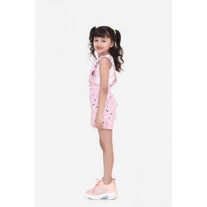 Generic Girl's Inner- Cotton Printed Sleeveless Dungaree (Light Pink)