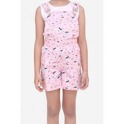 Generic Girl's Inner- Cotton Printed Sleeveless Dungaree (Light Pink)