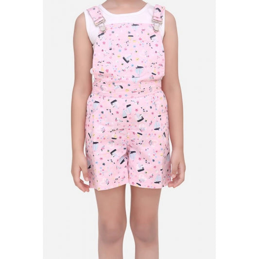 Generic Girl's Inner- Cotton Printed Sleeveless Dungaree (Light Pink)